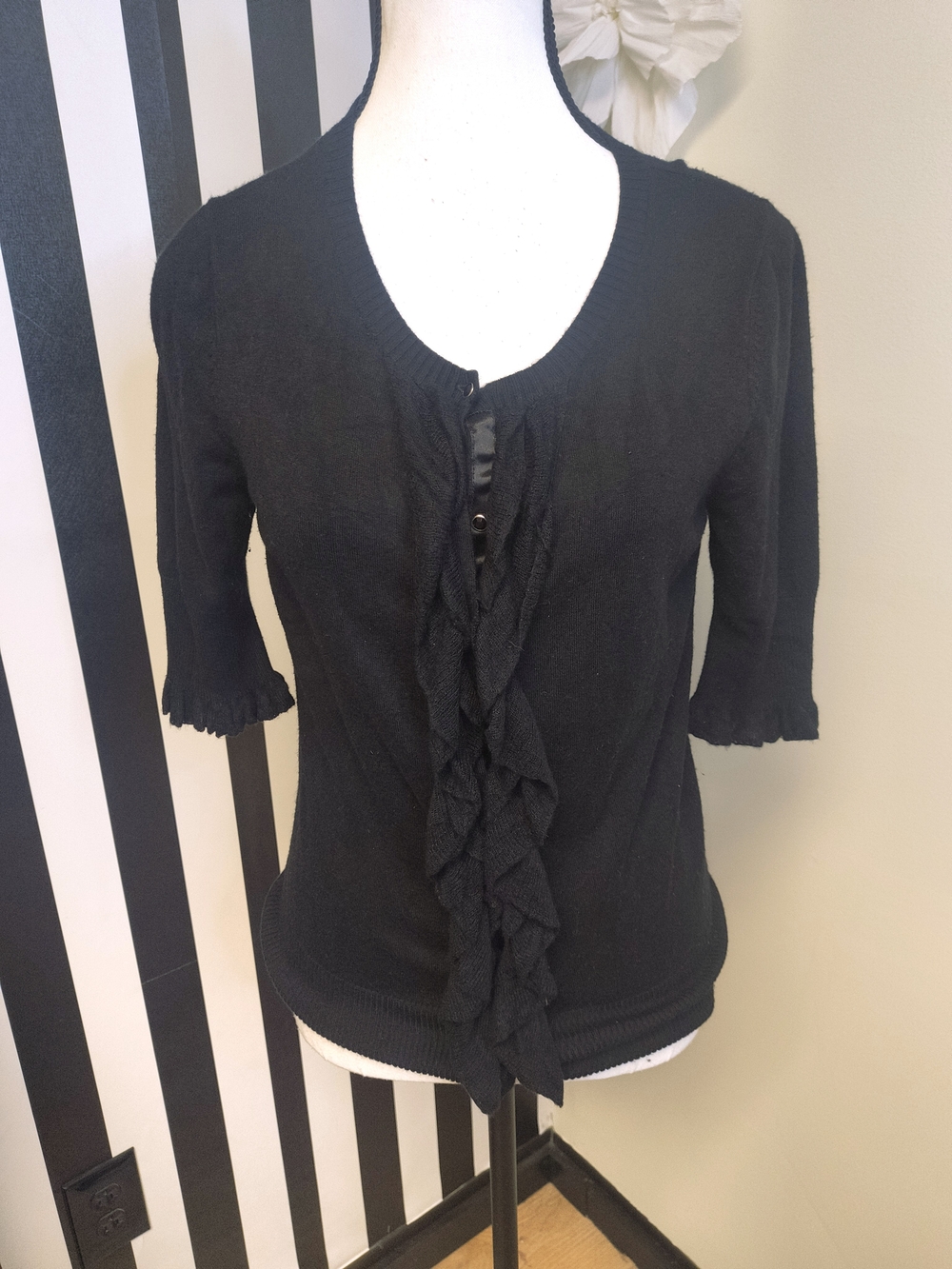 Express Black Ruffle-Front Knit Top - Picture 2 of 3
